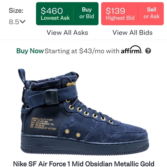 Nike SF AF1 Mid Obsidian Metallic Gold mens 8.5 - Picture 3 of 10